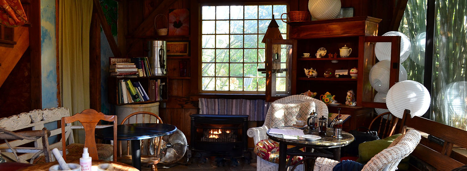 Seven Arrows tearoom with wicker furniture and tea cups